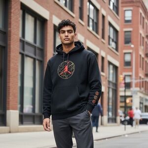 Jordan Black Pullover Hoodie with Red and Gold Graphic